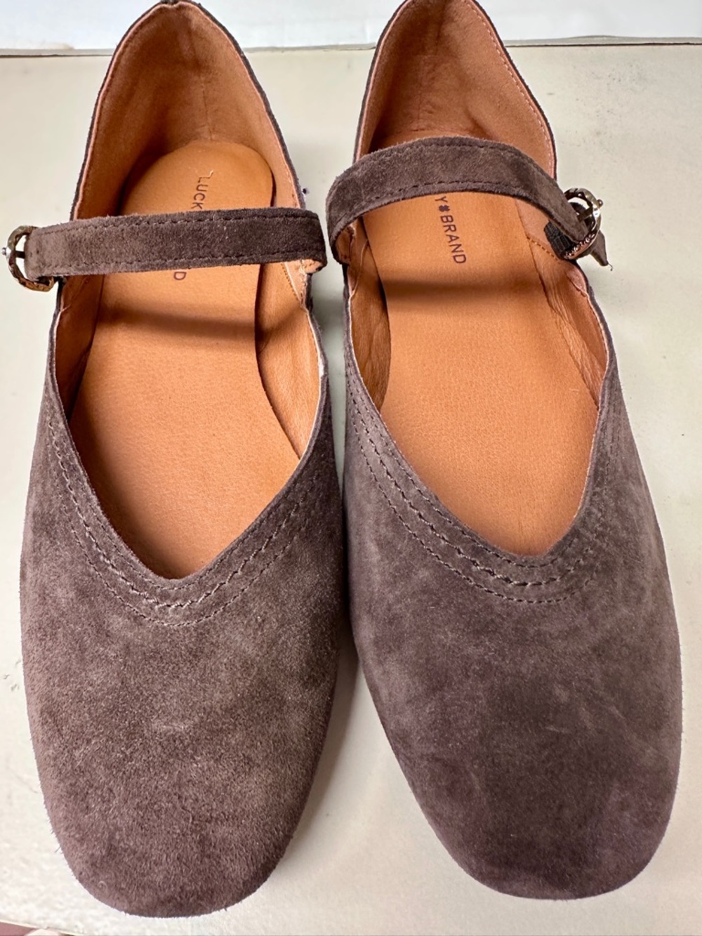 Lucky Brand Taupe Faux Suede Mary Jane Flats